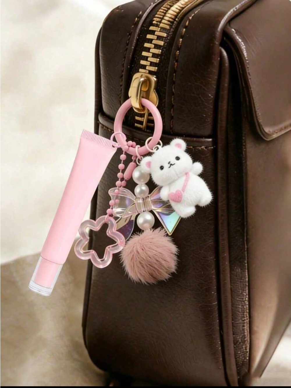 2/$25 Japan Pink Cute Bear Pom-Pom Keychain with refillable lipstick. - Picture 2 of 3